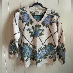 Express Cottagecore Floral Cotton Knit Sweater Hand Knitted